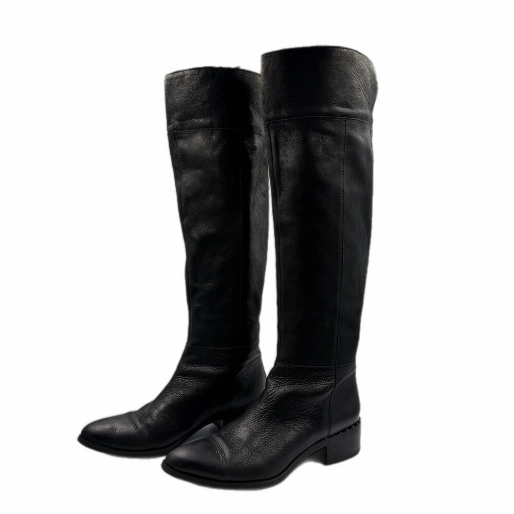 Franco Sarto Daya Black Leather Knee High Back Zip Riding Low Heel Sleek Boots